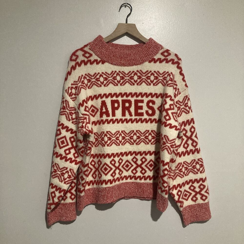 Apres Ski Winter A New Day Womens XL Red Cream Fair Isle Sparkle Knit Sweater